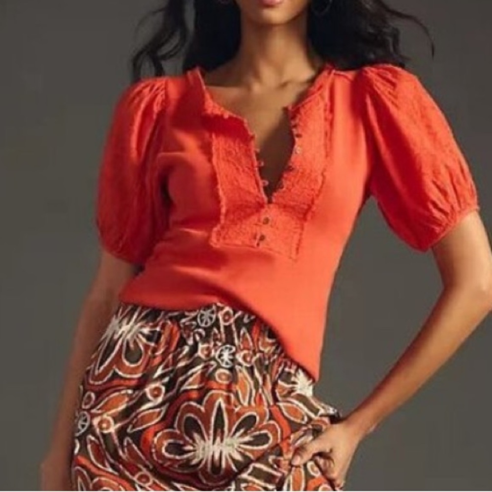 Anthropologie Pilcro Orange Puff Sleeve Lace Blouse Top